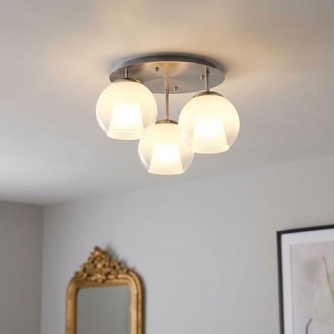 Lampada da soffitto a LED plafoniera 3 fiamme in vetro opale luce sala da pranzo luce corridoio, metallo nichel cromo, 3x 7W 630Lm bianco caldo, DxH 41x28,5 cm
