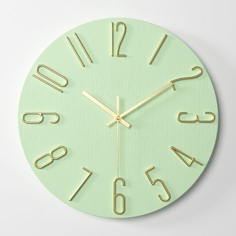 Horloge murale de 30 cm (12 pouces), silencieuse, sans tic-tac, imitation bois, ronde, décorative verte, chiffres 3D modernes, horloge murale à quartz pour la maison (1/5)