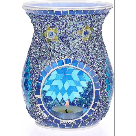 Brûleur d’huiles essentielles en Verre mosaïque Chauffe-huiles de Parfum encens diffuseur darômes décoration pour Maison, Chambre, Table, Bureau (Bleu) (1/5)