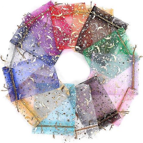 100 sachets cadeaux en organza (couleurs assorties), 7 x 9 cm, motif lune et étoile (1/5)