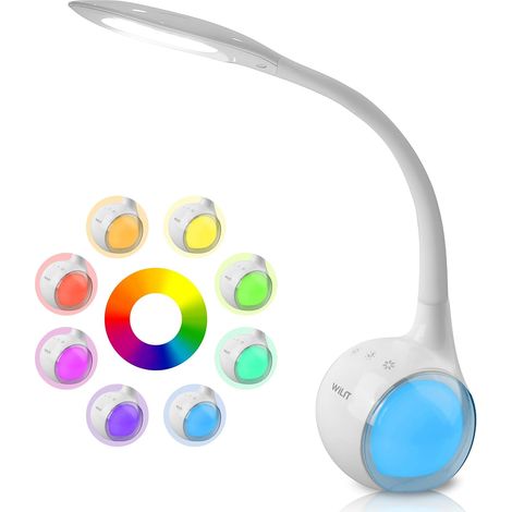 Lampe de Bureau Enfant avec RGB Couleur Veilleuse, LED Lampe de Chevet Dimmable, Lampe LED Tactile avec Lumière de Couleur et 3 Niveaux de Luminosité, Blanc (1/5)