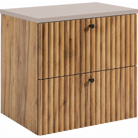 Mobile sottolavabo sospeso 60 cm, 2 cassetti, con piano, Rovere Craft Dorato / piano Cashmere, maniglie nere, 60 x 44,4 x 58,6 cm (1/5)