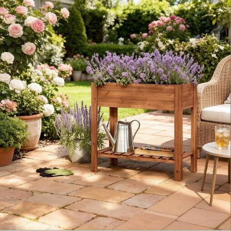 Jardinera elevada de madera de abeto con estante 80 x 40 x 75 cm (1/5)
