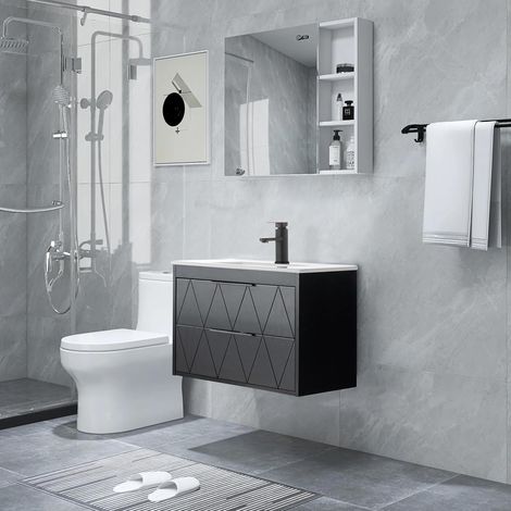 UEV Mobile Bagno Sospeso con Lavabo in Ceramica, 60CM Lavandino Bagno con 2 Cassetti, Lavandino Bagno con Mobiletto Moderno, Soft-Close, Nero (1/5)