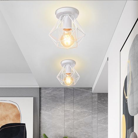 2 Pezzi Plafoniera Industriale Vintage Lampada da Soffitto Gabbia Lampadario a Sospensione Metallo Bianco Ø16X15cm