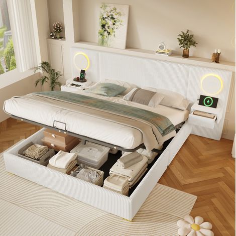 Letto contenitore 180x200 cm in velluto, testiera LED, porte USB e vano idraulico beige DESVIAE (1/5)