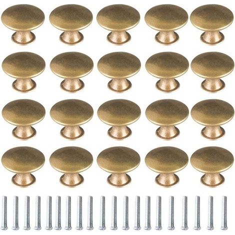 20 Vintage-Türknöpfe aus gebürstetem Messing, goldfarben, 30 mm rund, inklusive Schrauben für Kommoden und Schränke