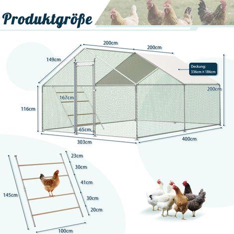 Poulailler 3x4m avec échelle de siège et verrouillage de sécurité,bâche imperméable anti-UV,tubes acier renforcés,idéal pour poulets et oiseaux.