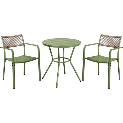 3 Piece Bistro Garden Set with 2 Rope Back Armchairs and Round Table - Plastic/Metal - L56 X W54 X H80 cm - Moss Green - Flat Packed