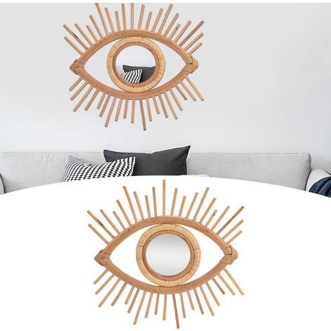 Specchio da trucco in stile nordico, a forma di occhio, in rattan intrecciato, per la decorazione di pareti di bagni domestici o alberghieri. (1/5)