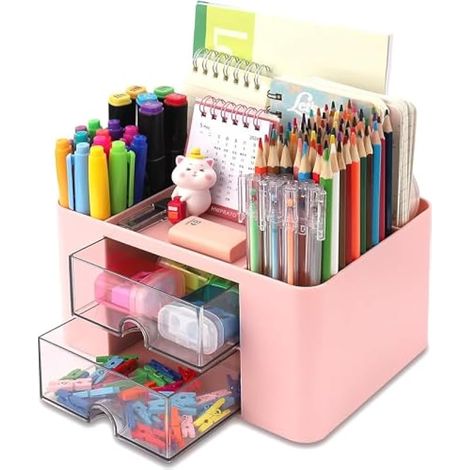 Range-bureau 2 tiroirs, 19x14 cm, organiseur multifonction grand capacité, porte-stylos, rangement maquillage, cadeau enseignant, bureau école maison (Rose) (1/5)