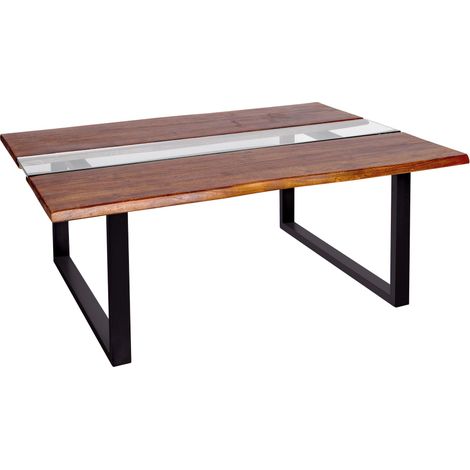 Couchtisch Baumkante mit Glaseinsatz 118 x 80 cm Akazie massiv nougatfarben U-Gestell schwarz FRANCO (1/5)