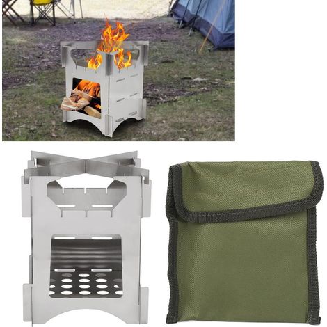 Mini réchaud à bois de camping portable, 10 x 10 cm, pliable, amovible, léger en acier inoxydable avec sac de transport, pour l'extérieur, les voyages, la randonnée et le pique-nique (1/5)
