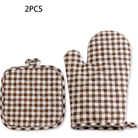 Ensemble de 2 gants de four et maniques de cuisine pour pâtisserie - Motif à carreaux café, double face matelassé, lavable et résistant à la chaleur