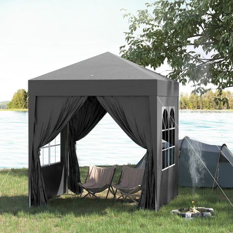 Padiglione pieghevole, tenda da birra, 4 pannelli laterali rimovibili, 2 finestre, struttura in metallo, 2 x 2 m, nero