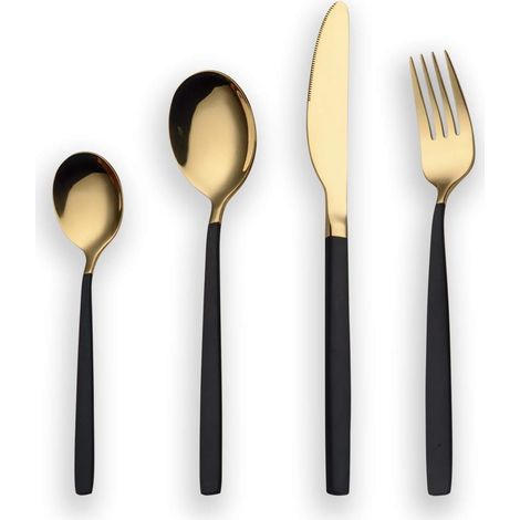 24 Piece Titanium noir ensemble d'argenterie, poignée noire avec ensemble de couverts de bouche d'or, noir et or ensemble de service de coutellerie pour 6 (noir, or) (1/5)
