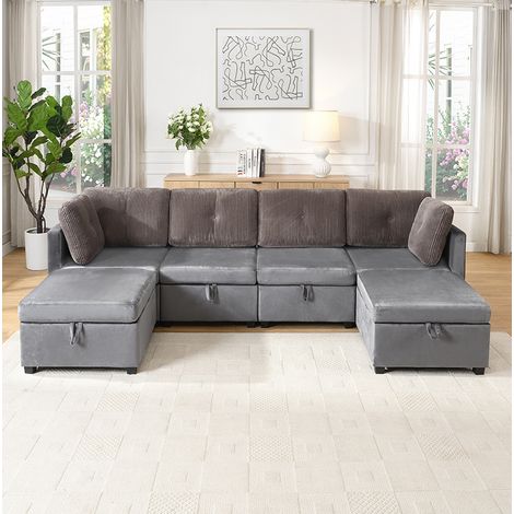Sofá modular en U de 6 plazas con almacenaje, terciopelo y cordón, gris, REDOM (1/5)