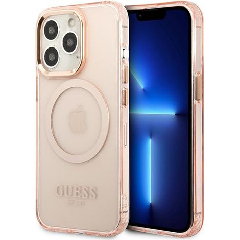 Funda rígida Guess GUHMP13XHTCMP para iPhone 13 Pro Max de 6,7 pulgadas, color rosa/rosa, con contorno dorado y MagSafe translúcido. (1/5)