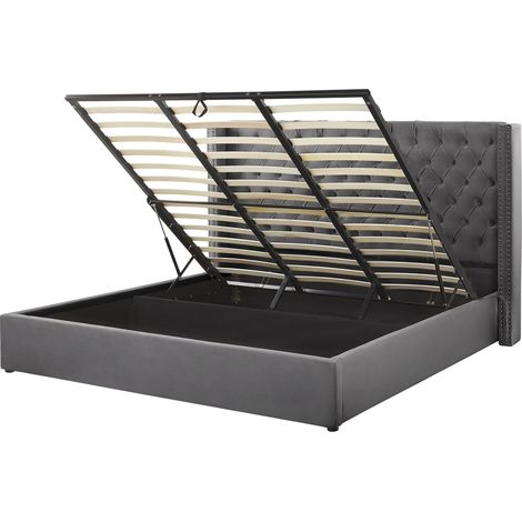 Cama con almacenaje de terciopelo gris 180 x 200 cm cabecero alto Lubbon