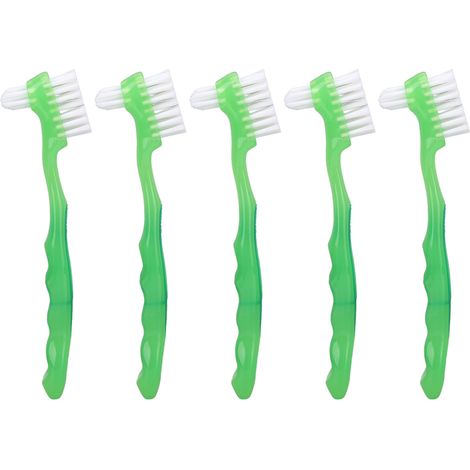 Ensemble de 5 Brosses à Dentier Professionnelles, Double Face et Portables pour Voyage - Nettoyage des Fausses Dents pour Personnes Âgées, Vert (1/5)