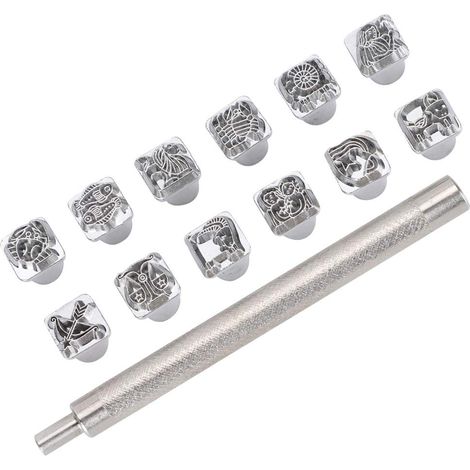 Ensemble d'outils de Fabrication du Cuir, Kit de Tampons de Gaufrage pour Sculpture sur Cuir avec 12 Motifs du Zodiaque