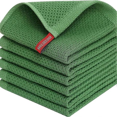 Lot de 6 torchons de cuisine 34 x 34 cm en coton gaufré, séchage rapide et absorbants, avec cintre, vert (1/5)