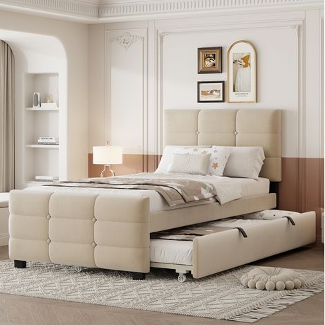 Lit simple 90x190 avec lit gigogne en velours beige HAVRYA (1/5)