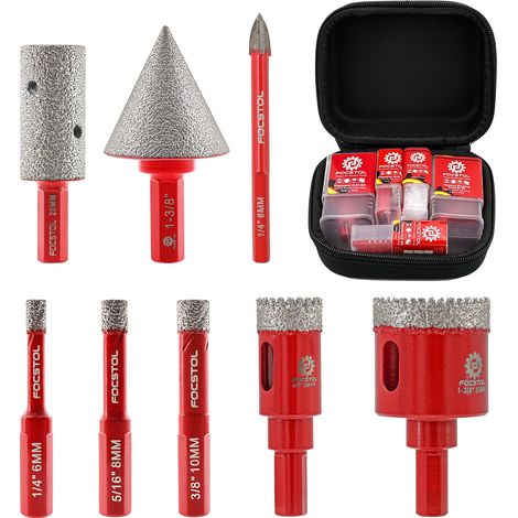 Foret Diamant Carrelage Kit - 8 pièces 6/8/10/20/35mm+20mm Fraise+35mm Mèches Chanfrein Biseautées+6mm Foret au Carbure Scie Cloche Diamantée pour Porcelaine Carrelage Marbre Granit (1/5)