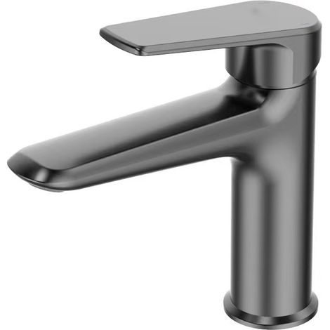 Robinet de lavabo gris anthracite pour eau chaude et froide, adapté aux hôtels, aux maisons d'hôtes et à un usage domestique, avec un robinet monotrou sous comptoir.