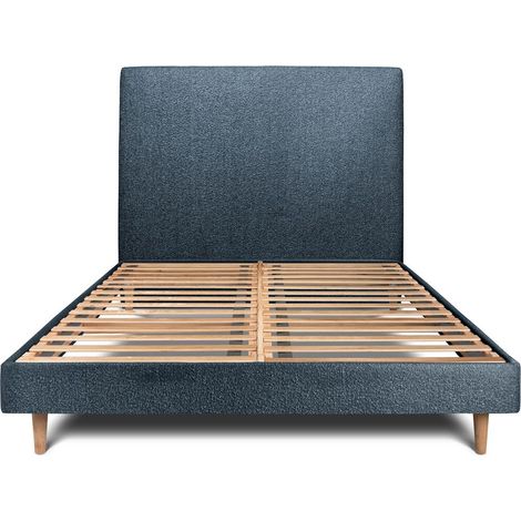 Lit 150x200cm avec tête de lit tapissier bouclette et sommier kit Bleu - Hauteur totale : 29cm (1/5)