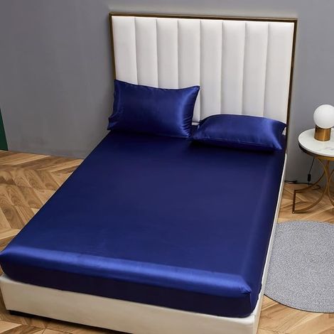 Drap-housse satin soie 180x200 cm Bleu Drap-housse matelas 30 cm