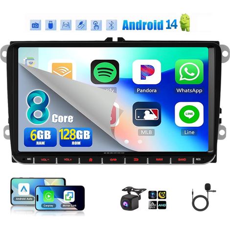 Autoradio Android 14 Carplay 6+128G, GPS, Bluetooth, EQ, USB, Navigation GPS, WIFI, écran tactile, pour VW GOLF 5/6, Touran, Caddy, Polo, 4G - 6+128G MIC CAM (1/5)