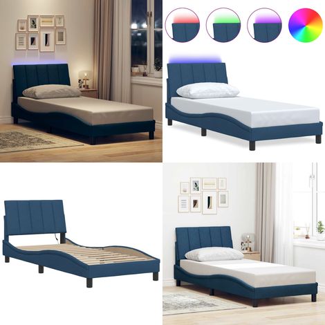Bettgestell ohne Matratze "Hanko" Blau 80x200 cm Stoff - Kopfteil-Kissen - LED-Leiste (1/5)