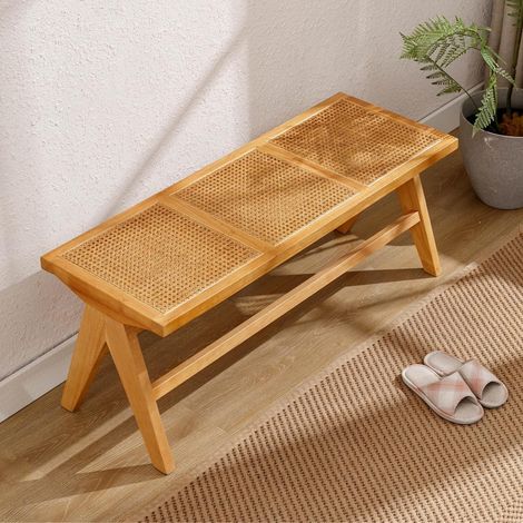 Wahson Esszimmerbank geflochtene Rattan-Oberfläche, Massivholzbeine Landhaus-Stil Ottomane für Küche Schlafzimmer Eingangsbereich,Gelb