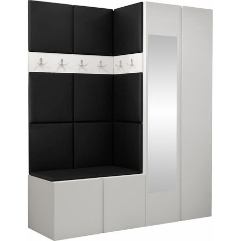 Conjunto para recibidor Pinis X, Blanco, 186x158x46cm, Espejo, Aglomerado laminado, Cuero ecológico, Colocada, Montada en la pared