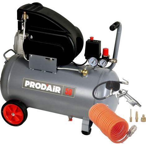 Prodair – Compresseur 50 litres 2CV – Débit d’air 195 l/min – Pression max 8 bars – Kit gonflage inclus – Pour pneus et équipements sportifs (1/3)