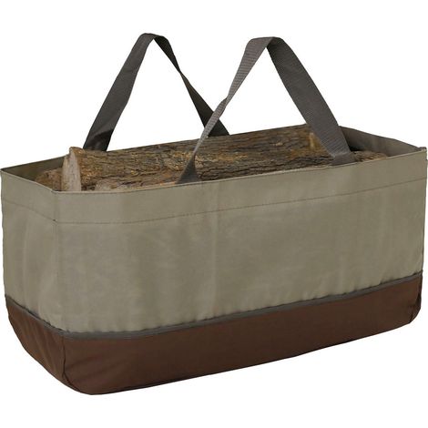 Holztragetasche  Große Brennholztragetasche  Gewachste Canvas-Tragetasche mit hohem Fassungsvermögen  Material: 600D/210D Oxford  Maße: 61 x 28 x 30 cm  Khaki/Kaffee  Kaminzubehör (1/5)