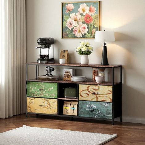 TV-Möbel - Industrielles TV-Möbel 108cm mit LED - Steuerbare RGB-LED-App - 4 Stoffschubladen - Graues Tigerpaneel