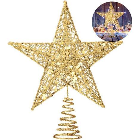 Shimmering gold star for Christmas tree, glittery decoration, made of wire, 20 cm/7.8 inches. (1/5)