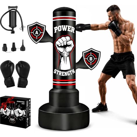 Sac de Frappe sur Pied Adulte 180cm, Punching Ball Gonflable avec Gants de Boxe et Pompe à Air, Sac de Boxe Autoportant pour Entraînement de Kickboxing, MMA Karaté
