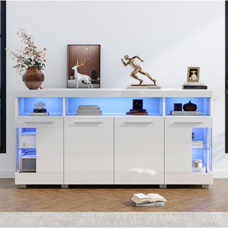Aparador 140 x 40 x 70 cm con LED, puertas de vidrio templado, blanco DESVIAE (1/5)