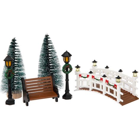 Accessoire pour Village de Noël Set 6 Pièces , Lampadaires, Sapins, Banc et Pont - Feeric Christmas