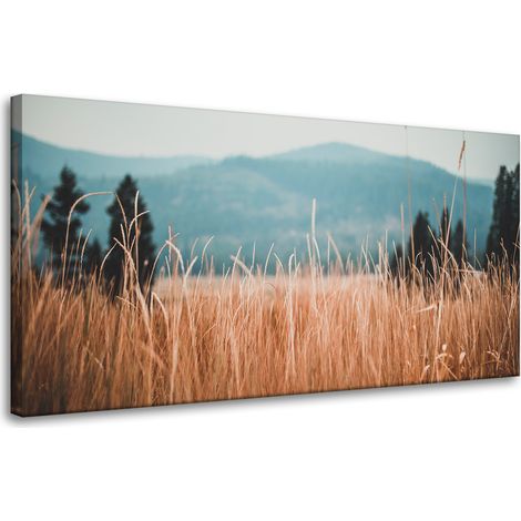 Leinwandgemälde Natur Grashalme 80x40 cm Berge