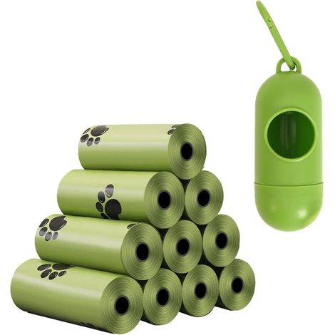 Sacchetti biodegradabili per escrementi di cane con dispenser portatile, sacchetti profumati per escrementi, 10 rotoli (150 sacchetti), 33 x 22 cm, compostabili, resistenti agli strappi, ecologici. (1/5)