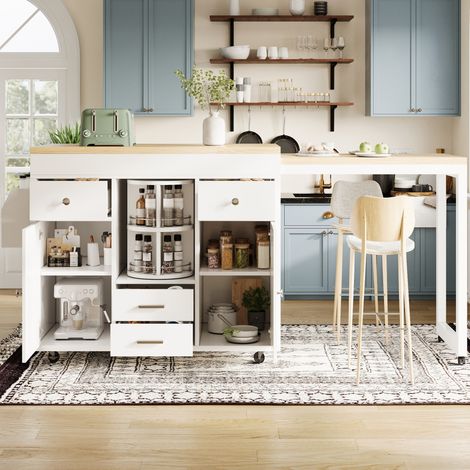 Table de bar extensible 110-180/40/91 cm blanche avec roulettes, étagères réglables et 4 tiroirs (1/5)