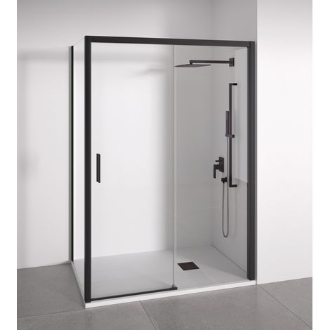 Mampara de ducha angular 1 corredera + 2 fijos - sin perfilería inferior - Cristal transparente templado 6mm - Negro mate - Ancho adaptable 115-120 x 87-90cm - Posición puerta izquierda - Alto 195cm (1/5)