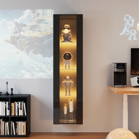 40 x 29 x 170 cm, vitrine multifonctionnelle, étagères en verre, éclairage LED à changement de couleur, contrôle APP, panneau acrylique, montage mural, design minimaliste, noir. (1/5)