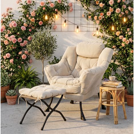 Set poltrona relax con poggiapiedi, tasca laterale, braccioli imbottiti, tessuto e metallo beige (1/5)