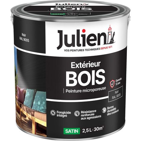 Julien Peinture Bois Microporeux Extérieur Satin - Portes, fenêtres, portails, mobilier de jardin - Noir 2,5 L