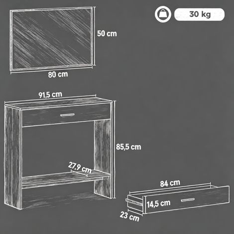 Console d'entrée avec miroir mural en panneau de particules effet chêne et blanc 91,5x27,9x85,5 cm (1/5)